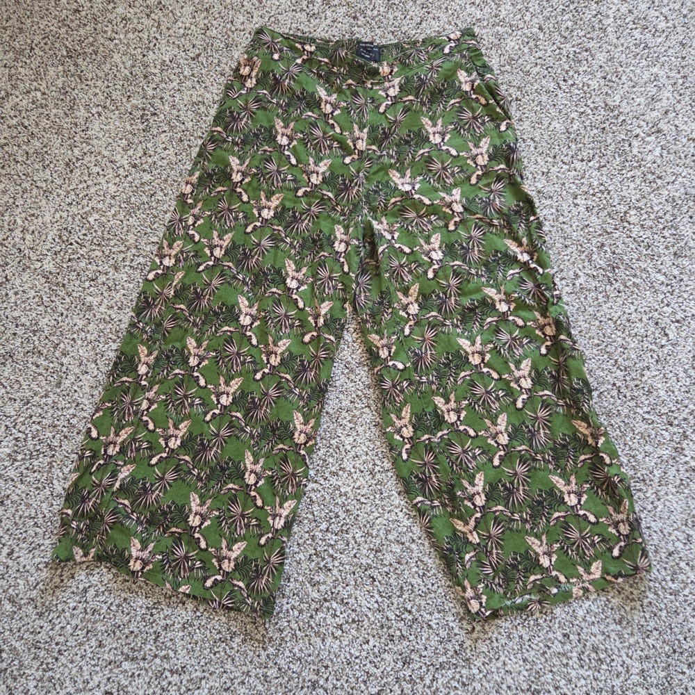 Tahari 100% Linen Flax Pants Womens L Green Palm Print Wide Leg Elastic Waist